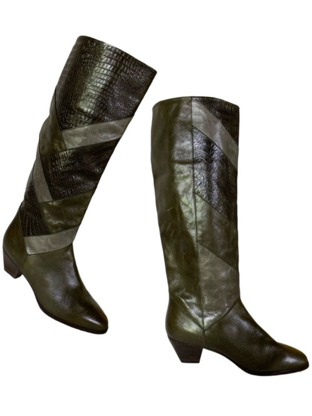 VINTAGE 1980'S HARSCH PATCHWORK LEATHER HEELED CALF HIGH BOOTS (5)